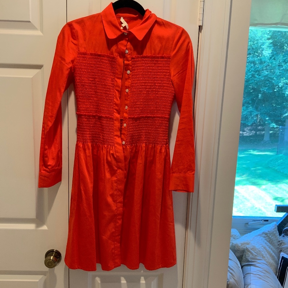 Maje Roumpa Red Smocked Buttoned Long Sleeve Shirt Dress, size 1